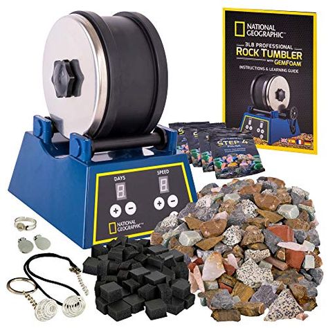 NATIONAL GEOGRAPHIC Rock Tumbler Kit - 3LB Extra Large Capacity, 3LB Rough Gemstones, 4 Polishing Grits, Jewelry Fast... Rotary Tumbler, Rock Tumbling, Popular Hobbies, Rock Tumbler, Hobbies For Kids, Toy Packaging, Stem Science, Plastic Tumblers, Science Kits