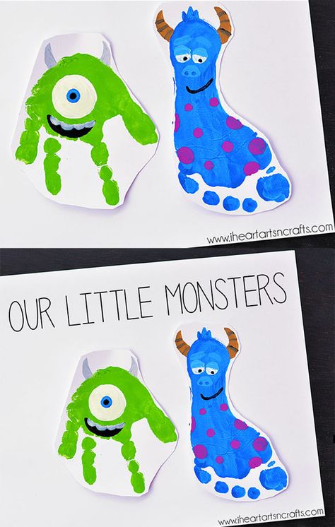 Monster Handprint and Footprint Art Inspired By Monsters Inc Footprint Crafts, Ocean Crafts, Footprint Art, Handprint Crafts, Daycare Crafts, Father's Day Diy, Handprint Art, Dad Day, Fathers Day Crafts