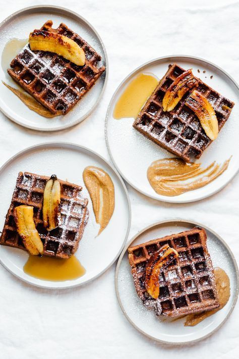 Chocolate Espresso Waffles with Caramelized Bananas | TENDING the TABLE Caramelized Banana, Caramelized Bananas, Chocolate Espresso, God Mat, Waffle Recipes, Pancakes And Waffles, Decadent Chocolate, Sweet Breakfast, Best Breakfast