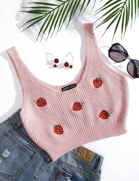 Embroidered Strawberry Knit Top - $12 Harry Styles Fits, Love On Tour Outfits Ideas, Strawberry Knit, Strawberry Clothing, Embroidered Strawberry, Hslot Outfit Ideas, Harry Styles Concert Outfit, Love On Tour Outfits, Met Gala Outfits