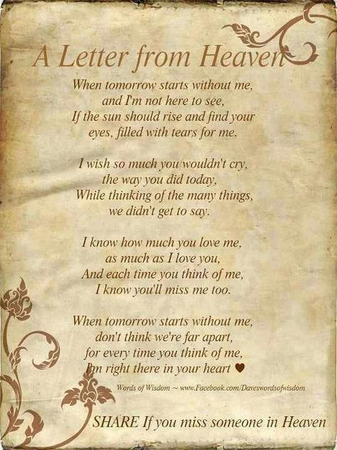 Wednesday is my birthday and it’s one of those times of the year that I truly miss my mother so much it actually hurts to breath.  Every year of my life my mother would wake me up (whe… Memory Sayings, Missing Someone In Heaven, A Letter From Heaven, Letter From Heaven, Now Quotes, Miss You Mom, Heaven Quotes, Missing Someone, After Life