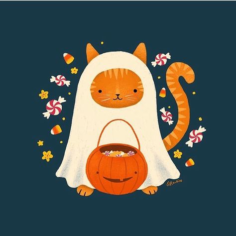 Cute Art Everyday on Instagram: “Candy, please! 🎃 cute art everyday made by @tinybeecards Tag @cutearteveryday + #cutearteveryday to inspire more cuteness into the world.…” Halloween Ghost Costume, Ghost Halloween Costume, Cute Halloween Ghost, Chat Halloween, Ghost Costume, Art Mignon, Halloween Illustration, Halloween Drawings, Cat Art Print