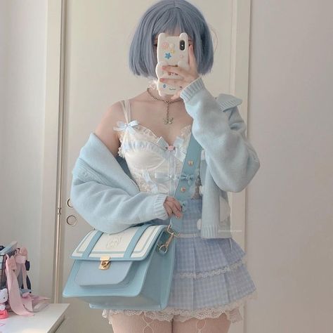 pastel blue kawaii fashion jfashion cute kidcore sweetcore aesthetic outfit bows dollette Blue Clothes Aesthetic, Aesthetic Tie Dye, Pastel Outfits Aesthetic, Pastel Blue Outfit, Kawaii Aesthetic Outfits, Soft Aesthetic Outfits, Cute Pastel Outfits, Sanrio Outfits, Kawaii Outfits Aesthetic