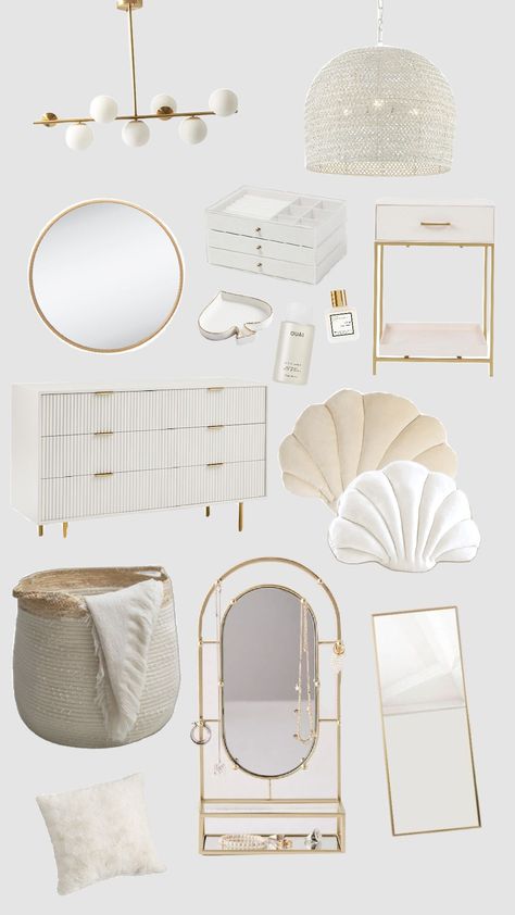 Preppy Aesthetic Decor, Gold Room Inspiration, Gold White Room Decor, Room Inspo Gold And White, Bedroom Decor Gold Accents, Vanilla Room Ideas, White Gold Bedroom Aesthetic, Pink And Gold Room Aesthetic, Vanila Gril Room