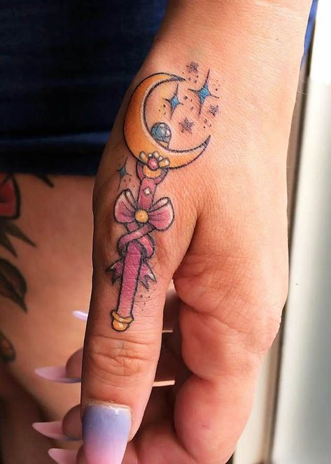 Moon Wand Tattoo, Sailor Moon Wand Tattoo, Finger Tattoos With Meaning, Sailor Moon Wand, Thumb Tattoos, Wand Tattoo, Our Mindful Life, Sailor Moon Tattoo, Small Finger Tattoos