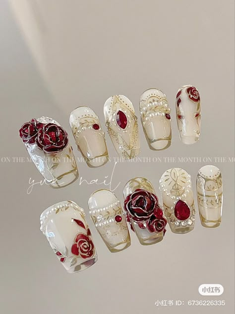 Red Lace Nails, Art Nouveau Nails, 4d Nail Art Design, Red Rose Nails, Rococo Nails, Xiaohongshu Nails, Nails Engagement, Nails Gray, Diy Rhinestone Nails