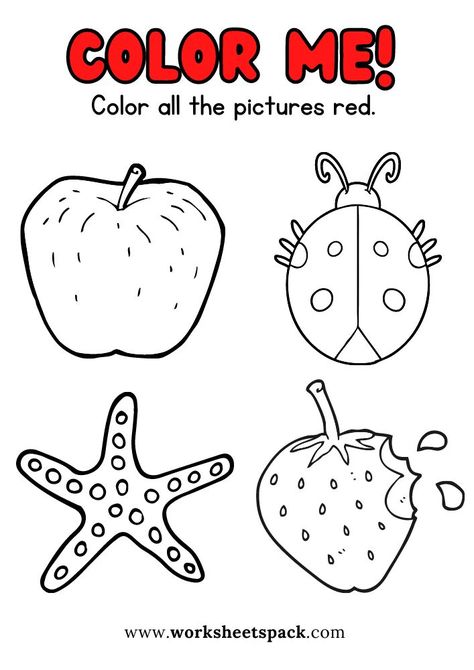 Things that are red coloring pages for kids. Red Worksheets For Preschool, Color Red Activities, Coloring Worksheets For Kindergarten, Color Worksheets For Preschool, Colors For Toddlers, Holiday Homework, Kindergarten Coloring Pages, Coloring Worksheets, Kids Worksheets Preschool