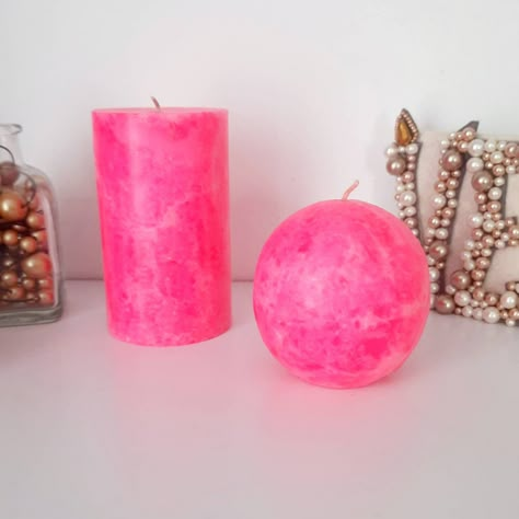 "These unique hot pink pillar candles are the best Neon pink girly home decor and they can also be a great gift. FREE SHIPPING on orders over $ 35 for the US or coupon code FREE35 for other countries. SIZE: Pillar 2.4\"d×4\"h Inches    (6×10cm) Pillar 2.8\"d×3\"h Inches    (7×8cm) Pillar 2.8\"d×4\"h Inches    (7×10cm) Pillar 2.8\"d×5\"h Inches    (7×13cm) Pillar 4\"d×6\"h Inches       (10×16cm) Pillar 4\"d×8\"h Inches       (10×20cm) Ball   2.8d Inches             (7cm) Ball   4d Inches                (10cm) Everything we do and sell is part of our passion for creating the best high quality products. Our candles are made of high quality cosmetic paraffin and environment dyes.  Each candle is hand poured and with love. Because each candle is individually created, each candle will have sligh Hot Pink Bedroom Aesthetic, Hot Pink Living Room, Hot Pink Bedroom Decor, Girly House Decor, Hot Pink Bedroom, Hot Pink Bathroom, Pink Pillar Candles, Girly Home Decor, Hot Pink Room