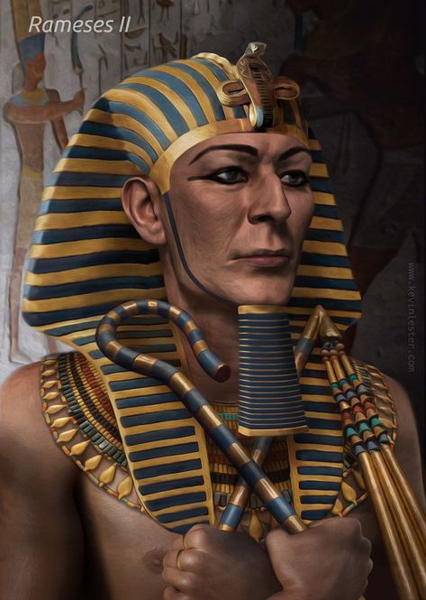 https://flic.kr/p/2hBMfHG | Rameses II | This portrait depicts the iconic 19th dynasty pharaoh, circa 1255BCE. He is shown in full regalia including the nemes headdress and crook and flail within the monumental temple built to himself at Abu Simbel. This likeness is based on measurements taken from his mummy. --- See more portraits of the pharaohs at: www.kevinlester.com/illustration.html# Egyptian Pharaoh Costume, Rameses Ii, Sea Peoples, Pharaoh Costume, Alien Drawings, Prince Of Egypt, Historical Illustration, Egyptian Pharaoh, Ramses Ii