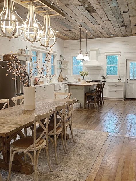 the-waco-fixer-upper-open-area-2 Farmhouse Kitchen Inspiration, Farmhouse Kitchen Design, Vintage Farmhouse Kitchen, Gorgeous Kitchens, Dining Room Chandelier, Vintage Farmhouse, Fixer Upper, A Kitchen, Kitchen Inspirations