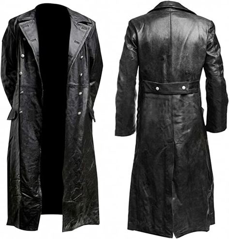 tuduoms Mens Vintage Classic WW2 Officer Military Uniform Black Leather Trench Coat Jacket Long Trench Coat Motorcycle Jakcet at Amazon Men’s Clothing store Long Black Coat, Safety Clothing, Mens Jackets Casual, Trench Coat Men, Leather Trench, Men's Leather Jacket, Long Trench Coat, Winter Jacket Men, Trench Coat Black