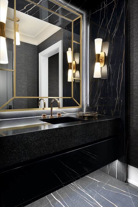 Black Marble Powder Room, Black White Gold Powder Room, Black Powder Room Ideas Modern, Large Cloakroom Toilet Ideas, Beautiful Powder Rooms Luxe, Lux Powder Room, Powder Room Floating Vanity, Luxe Powder Room, Black Powder Room Ideas