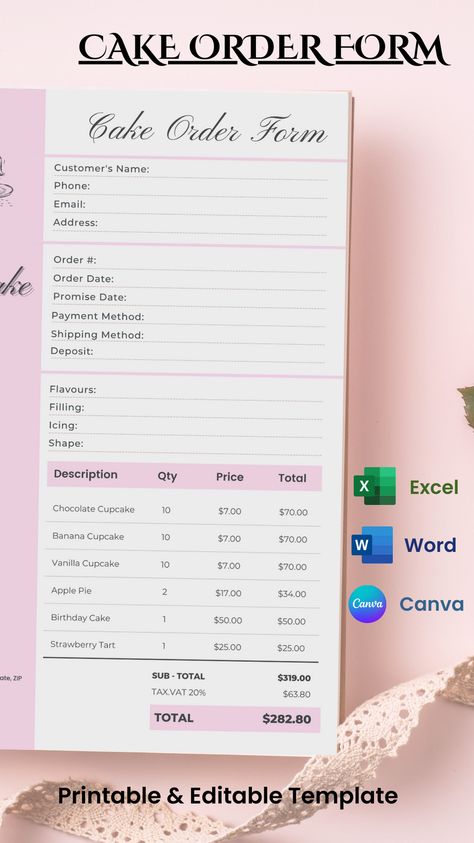 Cookie Order Form Template - home bakery and cupcake businesses - editable and printable custom order form in three formats - Microsoft Word, Excel spreadsheet and Canva. Order Form Template Free Printable, Bakery Printables, Cake Order Form Template, Cookie Order Form, Bakery Order Form, Cake Order Form, Order Template, Cake Order Forms, Custom Order Form