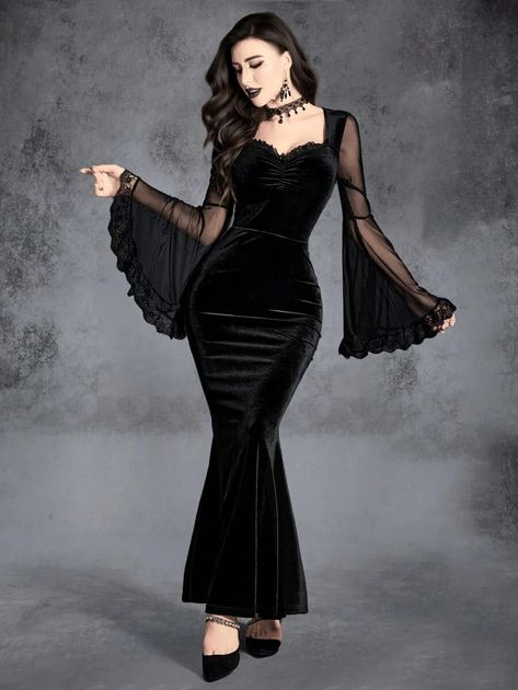 Gothic Pleated Contrast Mesh Flounce Sleeve Maxi Velvet Mermaid Hem Dress for Sale Australia| New Collection Online| SHEIN Australia Velvet Mermaid Dress, Partywear Dresses, Morticia Addams, All Black Fashion, Trumpet Dress, Elegant Gothic, Evening Dresses With Sleeves, Velvet Maxi Dress, Gothic Punk