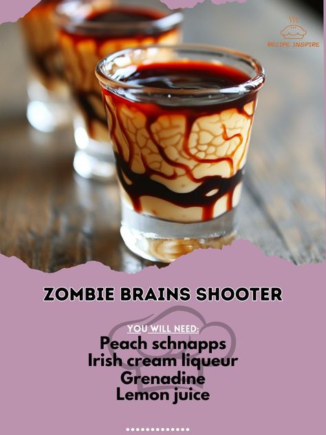 🧟‍♂️🧪 Zombie Brains Shooter—Get spooky with this fun and eerie zombie brains shooter. Perfect for Halloween thrills! 🎃👻 #ZombieBrainsShooter #HalloweenDrinks Zombie Brains Shooter Ingredients: Peach schnapps (1/2 oz) Irish cream liqueur (1/2 oz) Grenadine (1/4 oz) Lemon juice (1/4 oz) Instructions: Pour peach schnapps into a shot glass. Slowly layer Irish cream liqueur on top. Drizzle grenadine and lemon juice. 🧪🧟‍♂️ This zombie brains shooter is a must-try for Halloween parties. Spooky a... Shots For Halloween Party, Halloween Easy Drinks Alcohol, Halloween Shots Easy, Zombie Jello Shots, Funny Alcoholic Drinks, Zombie Brain Shots, Spooky Mixed Drinks, Brain Shots Recipe, Halloween Themed Shots