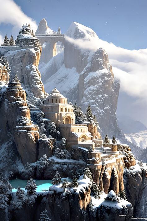 Mountain Keep Fantasy Art, Mountain City Concept Art, Snowy Fantasy City, Dnd Mountain City, Mountain Kingdom Fantasy Art, City In The Mountains, Fantasy Mountain City, Mountain City Fantasy Art, Mountain Kingdom