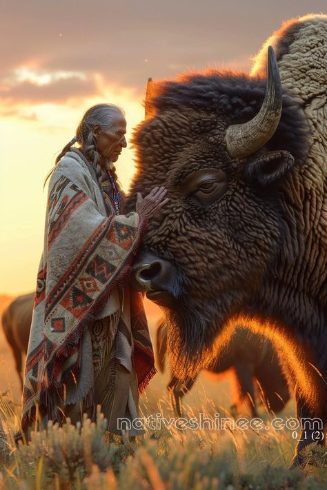 "The Bison's Blessing" captures a sacred moment between a Native American elder and the mighty bison, symbolizing strength, wisdom, and the deep spiritual bond between humans and nature. In the warm glow of a sunset, the elder gently touches the bison’s forehead, offering a gesture of respect and reverence. The rich colors of the landscape, combined with the intricate details of the elder's traditional attire, create a serene and powerful scene. Printed on high-quality canvas, this artwork celebrates Native American culture and their profound connection to the animal world. American Indian Artwork, Humans And Nature, Indian Wall Art, Western Artwork, Symbolic Art, Animal Spirit Guides, American Quotes, Native American Quotes, Native American Artwork