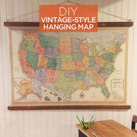 Map On Wall, Diy Map, Diy Vintage Decor, Easy Diy Decor, Inexpensive Home Decor, Map Decor, Diy Home Decor On A Budget, Diy Hanging, Wall Maps