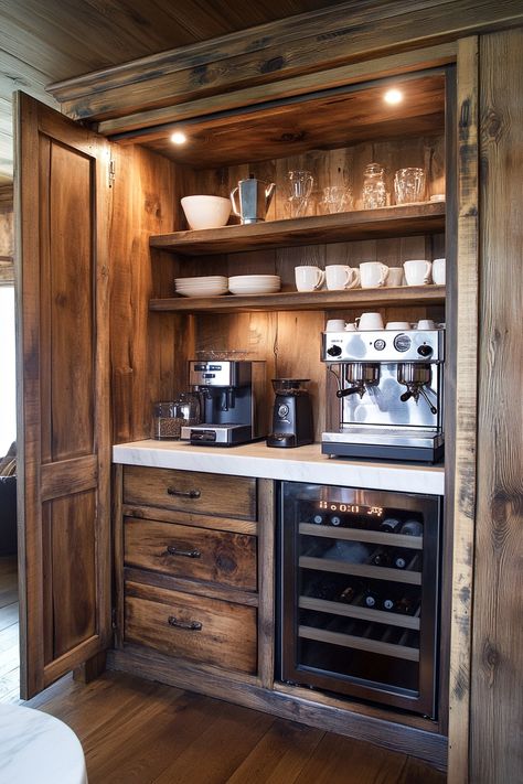 13 Coffee Bar Ideas To Create Your Perfect Brew Corner - DreamyHomeStyle Rustic Coffee Bar Ideas, Tea And Coffee Station, Mini Bar Ideas, Coffee Bar Rustic, Coffee Bar Diy, Wooden Coffee Bar, Cabin Coffee, Coffee Station Ideas, Coffee Bar Station