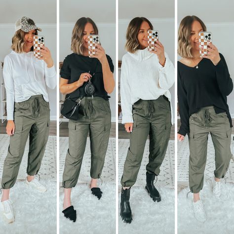 Jogger Cargo Pants Outfit, Styling Cargo Pants Women, Cargo Joggers Outfits Women, Utility Pants Outfit, Cargo Joggers Outfits, Jogger Pants Outfit Women, Joggers Outfit Women, Jogger Pants Outfit, Olive Pants