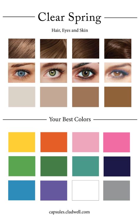 Clear Spring best colors Cladwell Color Palettes, Clear Spring Eyeshadow, Clear Spring Colour Palette, Clear Spring Celebrities, Clear Spring Hair Color, Clear Spring Makeup, Bright Spring Hair Color, Clear Spring Outfits, Clear Spring Color Palette