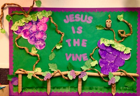 My September Bulletin Board in K-3! Jesus is the Vine! Based on John 15:5 John 15:5 Bulletin Board, I Am The Vine You Are The Branches Bulletin Board, John 3:16 Bulletin Board, Vine Bulletin Board, September Bulletin Board, September Bulletin Boards, Classroom Boards, Vine And Branches, John 15 5