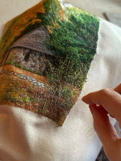 Columcille Megalith Park, Hand Realistic Embroidery Picture, Unique Embroidery Style, Landscape, Autumn, Collectable Art - Etsy Saudi Arabia Embroidery Art On Clothes, Embroidery On Colored Fabric, Large Embroidery Patterns, Embroidery Realistic, Unique Embroidery Ideas, Layered Embroidery, Unique Art Styles, Watercolor Embroidery, Unique Embroidery Designs