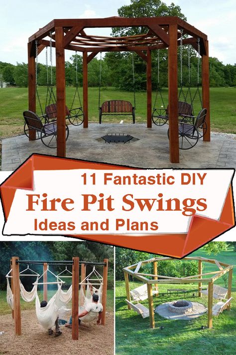 Firepits Backyard Diy Corner, Fire Pit With Hanging Chairs, Diy Fire Pit Pergola, Gazebo Ideas Backyard Fire Pit, Fire Pit Swings Diy, Backyard Fire Pit Patio, Swings Around Fire Pit Ideas, Fire Pit With Hammock Chairs, Pergola Fire Pit Ideas Backyard