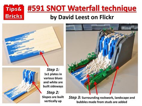 @tipsandbricks on Instagram: “#591 TECHNIQUES: SNOT Waterfall technique  Today's technique uses very basic pieces meaning you can build it yourselves, but the effect is…” Lego Tricks, Lego Landscape, Lego Blueprint, Lego Design Ideas, Lego 5, Lego Watch, Cool Things To Build, Lego Techniques, Lego Town