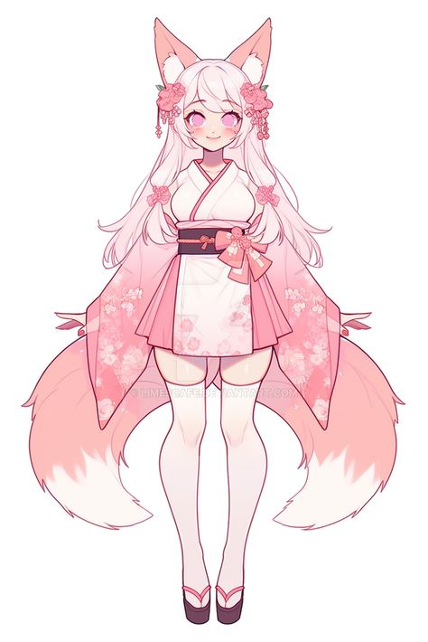 Kitsune Base Drawing, Kitsune Shrine Maiden, Kitsune Oc Art, Cherry Blossom Character Design, Sakura Character Design, Fox Kemonomimi, Kitsune Base, Fox Tail Drawing, Kitsune Girl Art