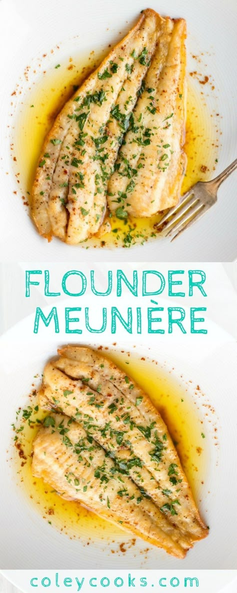 FLOUNDER MEUNIÈRE | Easiest ever fish recipe! This classic French recipe is so simple and so delicious. Ready in under 10 minutes for a quick and easy seafood dinner. Lemon, brown butter, best easy fish recipe ever! | ColeyCooks.com #frenchrecipes Flounder Dinner Recipes, Low Carb Flounder Recipes, Flounder And Shrimp Recipes, Best Flounder Recipe, Keto Flounder Recipes, French Seafood Recipes, Flounder Dinner Ideas, Frozen Flounder Recipes, Fish Meuniere