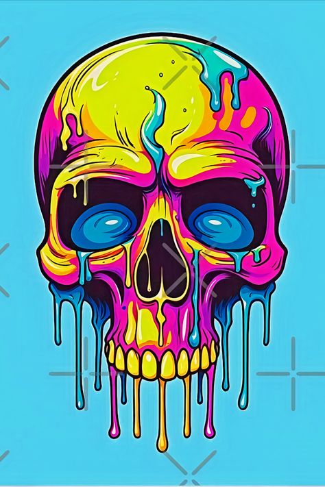 Colorful dripping skull artwork with neon hues Neon Color Drawing, Dripping Skull Drawing, Trippy Skull Painting, Skull Drawing Ideas, Drippy Skull, Neon Drawings, Skull Vector Art, Colored Skeleton, Graffiti Colors