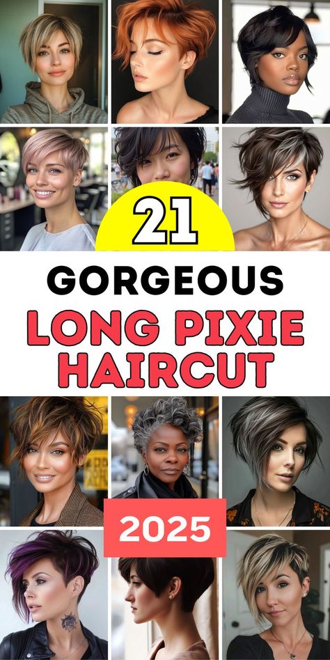 Explore 21 stylish ideas for long pixie haircuts in 2025, tailored for thick and fine hair. From elegant styles with bangs to edgy cuts for curly hair, these looks are perfect for black women and older women alike. Try tapered cuts, messy hair, or a middle part for versatility. Inspired by Korean, French, and Japanese trends, these hairstyles blend natural beauty with fun and funky vibes. Long Pixie Haircuts For Women, Long Pixie Cuts For Thick Hair, Lopsided Haircut, Unique Short Haircut For Women, Short Hairstyle Women Side Part, Choppy Edgy Hair, Long Pixie Cuts For Fine Hair, Long Short Haircuts, Unique Haircuts For Women