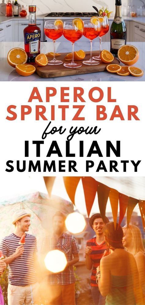 Italian summer party Amalficore ambiance with Aperol spritz cocktails Spritz Cocktail Recipes, Happy Hour Decor, Italian Summer Party, Cocktail Party Planning, Cocktail Bar Decor, Aperol Spritz Bar, Drink Station Ideas, Italian Party Decorations, Italian Spritz