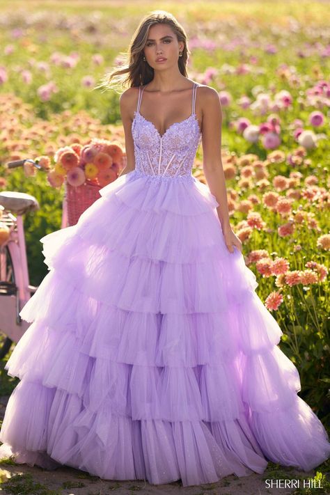 Buy dress style № 56192 designed by SherriHill Prom Vibes, Ruffle Tulle Dress, Black Quinceanera Dresses, Tulle Ballgown, Red Quinceanera Dresses, Purple Things, Quinceanera Dresses Blue, Ethereal Dress, Prom Inspo