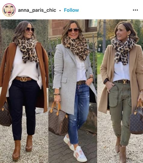 Mode Over 50, Stylish Outfits For Women Over 50, Leopard Print Scarf, Over 60 Fashion, Mode Casual, 60 Fashion, Casual Chic Outfit, Casual Work Outfits, 가을 패션