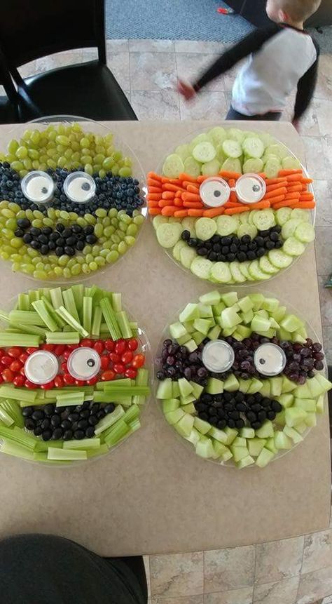 Ninja turtle veggie and fruit trays Ninja Turtle Themed Food, Ninja Turtle Party Snacks, Teenage Mutant Ninja Turtles Party Food, Character Fruit Tray, Ninja Turtles Food Ideas, Ninja Turtle Birthday Party Food, Ninja Turtles Snacks, Ninja Turtle Birthday Snacks, Ninja Turtle Birthday Food