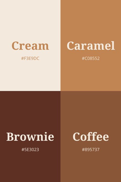 An image displaying a warm brown color palette with four shades: Cream (#F3E9DC), Caramel (#C08552), Brownie (#5E3023), and Coffee (#895737) Brown And Cream Palette, Brown And Beige Color Scheme, Caramel Brown Color Palette, Canva Brown Palette, Cream Palette Color, Cozy Colour Scheme, Human Color Palette, Warm Browns Palette, Color That Goes With Brown