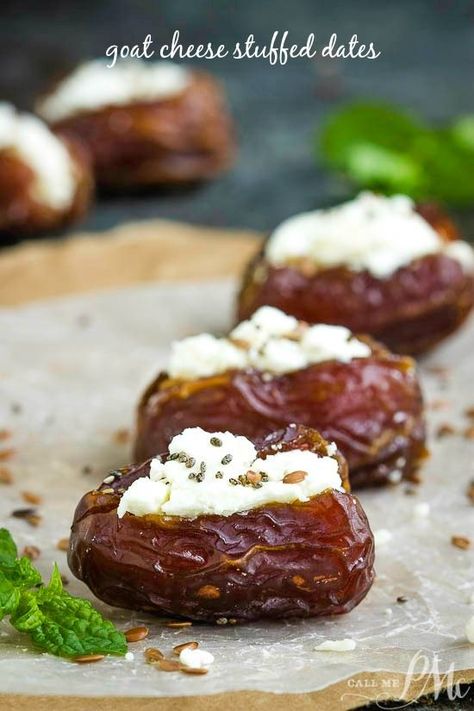 Quick, simple, yet elegant, these Goat Cheese Stuffed Dates Recipe are highly customizable and are the perfect addition to your snack and appetizer lineup. Dates And Cheese, Dates Appetizer Recipes, Date Appetizer Recipes, Dates And Goat Cheese Appetizer Recipes, Stuffed Dates Recipes Appetizers, Roasted Stuffed Dates With Goat Cheese, Dates Stuffed With Goat Cheese, Goat Cheese Filled Dates, Stuffed Dates Goat Cheese