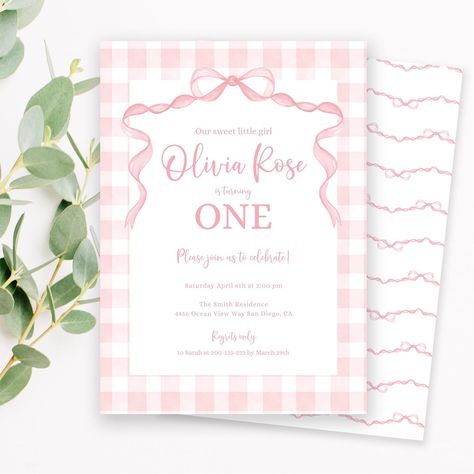 Gingham Party, 1st Birthday Invite, Bow Party, Girl 1st Birthday, Printable Party Decorations, Floral Party, Bow Pattern, First Birthday Invitations, Pink Gingham