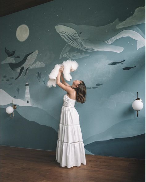 Nursery Room Inspiration Ocean, Abstract Ocean Mural, Nursery Murals Painted, Ocean Nursery Ideas, Diy Nursery Mural, Ocean Baby Room, Whale Wall Mural, Whale Mural, Underwater Mural