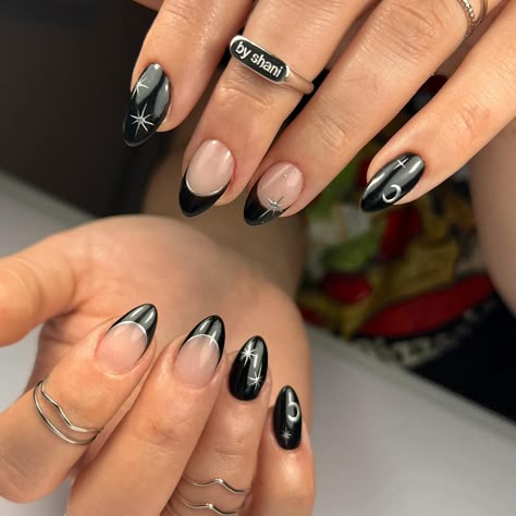 a witchy vibe 🔮🌙💫 gelx nails but make them look natural~ • • • #gelnails #gelx #nails #nailart #witch #witchnails #blacknails #chrome #chromenails #stars #naildesign Black French Tip Chrome Nails, Witchy Short Nails, Chrome Black Nails, Witch Nails Acrylic, Black Witchy Nails, Black Chrome Nails, Uñas Aesthetic, Nail Piercing, Witch Nails