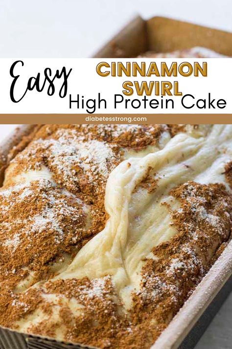 Looking for a dessert that you don't have to feel guilty about? Here is an easy cinnamon swirl high protein cake that is full of swirls of cinnamon sugar topping, and decadent cake. The high protein will leave you feeling full and help regulate blood sugars instead of a sugar spike with a classic cake. High Protein Fall Dessert, High Protein Coffee Cake, Devotion Sinful Cinnamon Recipes, Bariatric Cake Recipes, High Protein Birthday Cake, Less Sugar Desserts, High Volume Low Calorie Dessert, High Protein Sweet Treats, High Protein Desserts Low Calorie