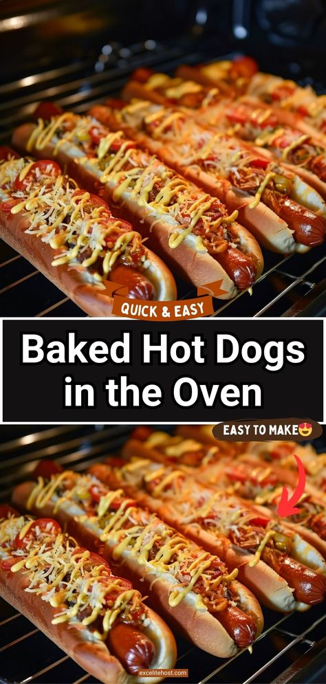 Ingredients: 8 hot dogs 8 hot dog buns 1/2 cup ketchup 1/2 cup mustard 1/2 cup relish 1 onion, finely chopped Optional toppings: sauerkraft, jalapeños, Baked Hot Dogs In The Oven, Bake Hotdogs In Oven, Oven Baked Hot Dogs, Bacon Wrapped Hot Dogs In Oven, How To Cook Hot Dogs In The Oven, Baked Hotdogs In The Oven, Oven Baked Hotdogs, Hotdogs In Oven, Hot Dogs In Oven