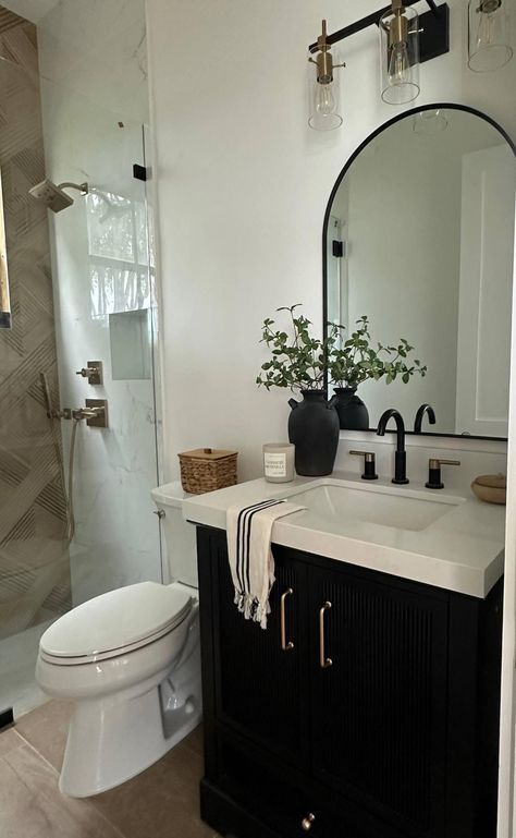 Restroom With Black Accents, White Walls Black Cabinets Bathroom, Black Toilet Powder Room, Black Cabinet Small Bathroom, Dark Vanity White Countertop, Bathroom Decor Oak Cabinets, Black White Neutral Bathroom, Men’s Restroom Decor, Black And Gold Guest Bathroom