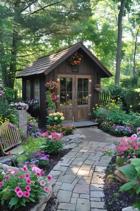 Decorated Shed Exterior, Backyard Landscaping Around Shed, Small Home Garden Ideas Outdoor, Landscape Around Deck Ideas, Garden Shed Aesthetic, Garden Art Studio Ideas, Outdoor Shed Landscaping Ideas, Landscaping Around A Shed Ideas, Cute Sheds Cottage Style