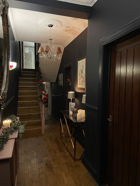 Dark Entrance Hall, Victorian Hallways, Dark Victorian, Victorian Hallway, Small Hall, Dark Hallway, Front Doors With Windows, Home Repairs, Staircase Design