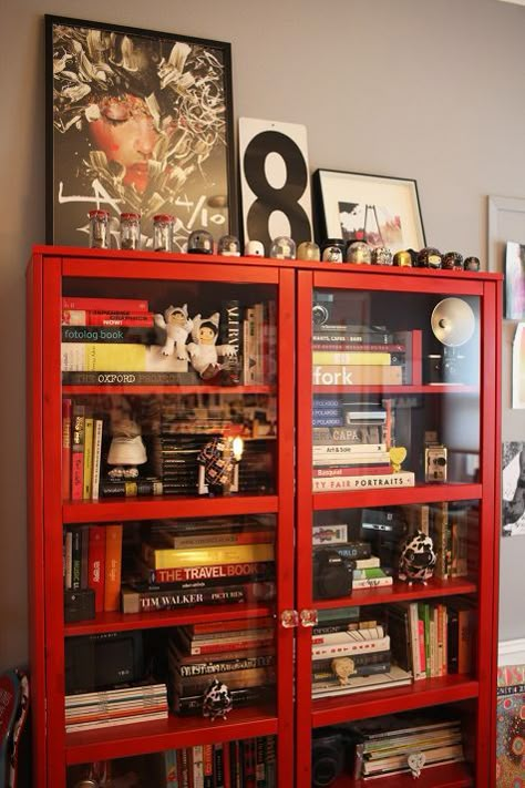 ikea Red Bookcase, Red Bookshelf, Glass Bookcase, Red Cabinets, Ikea Bookcase, Red Furniture, Lots Of Books, Ikea Bookshelves, Book Cabinet