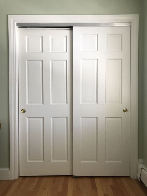 How to Convert Sliding Doors to Hinged Doors - The Chronicles of Home Closet Cabinet Doors, Convert Sliding Closet Doors, Pantry Sliding Door Ideas, Closet Door Options, French Closet Doors, Sliding Pantry Doors, Kids Closets, Closet Door Ideas, Diy Closet Doors