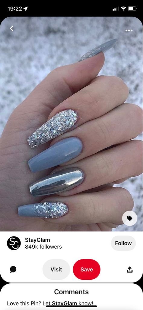 Dusty Blue Nails, Silver Sparkly Nails, Jennifer Nails, Sparkly Acrylic Nails, Blue Wedding Nails, Blue And Silver Nails, Bridesmaids Nails, Gray Nails, Blue Nail Designs